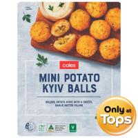ราคา โคลส์มันฝรั่งบดผสมชีสทอดสอดไส้เนยกระเทียมแช่แข็ง 240กรัม Coles Frozen Mini Potato Kiev Balls with Cheesy Garlic 240g. (9310645367798)