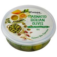 ราคา เอเฟรสโคมะกอกดองหมักปรุงรสในน้ำมันแช่เย็น 185กรัม EFresco Marinated Sicilian Olives 185g. (9336576001327)