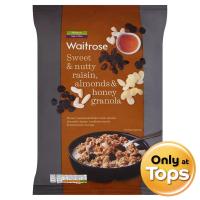 ราคา เวทโทรสอาหารเช้าซีเรียลอบกรอบผสมลูกเกดอัลมอนด์และน้ำผึ้ง 1กก. Waitrose Sweet and Nutty Raisin Almonds and Honey Granola 1kg. (5000169618844)