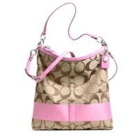ราคา Coach แท้ ผ้า ใบใหญ่ มีสายยาว ลดเยอะมาก Coach Signature Stripe Large Convertible Shoulder Bag Khaki Pink (1540314151)