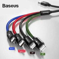 ราคา Baseus 4 In1สาย USB สำหรับ iPhone 14 13 Pro Max XR 8 7 Plus Fast Charging 3 In 1สำหรับ Huawei RedMi Xiaomi Micro USB Type C สำหรับ Samsung One Plus OPPO VIVO (410677675)