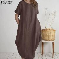 ราคา ZANZEA ชุดเดรสผ้าฝ้ายลินินแขนสั้นสำหรับผู้หญิง ชุดเดรสความยาวปานกลางทรงหลวมลำลองสไตล์ฤดูร้อน (14256552355)