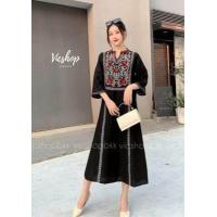 ราคา เดรสยาวผ้าฝ้ายผสมลินิน เดรสไปทะเล เดรสแฟชั่น งานปักลายคอวี แขนยาว เดรสทรงตรง ใส่สบาย สไตล์โบฮีเมียน (15455765381)