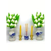 ราคา ชุดบูชา ชุดธูปเทียนพร้อมแจกัน ดอกบัวมงคล 9 ดอกสีขาว สูง 4 ดินปั้น วางหิ้งพระ (4562372939)