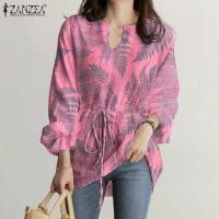 ราคา HijabFab ZANZEA Womens V Neck Floral Printed T Shirts Long Sleeve Elegant Blouse Drawstring Waist Party Tops 8 (16381948208)