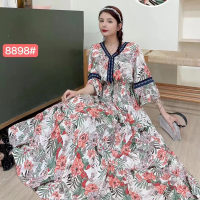 ราคา ชุดเดรสผู้หญิง เดรสลายดอก คอวี สไตล์โบฮีเมี่ยน เอวสม็อค ชุดเดรสยาวแฟชั่น พร้อมส่ง 8898 (17403912259)