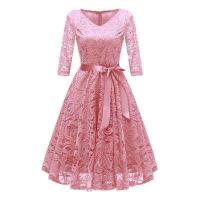 ราคา ชุดคนอ้วน เดรสออกงานไซส์ใหญ่ ลูกไม้ยืดเกรดเอ แขน 3 ส่วน ชุดยาวคลุมเข่า สีทอง สีชมพู สีเทา (423675405)