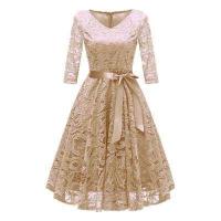 ราคา ชุดคนอ้วน เดรสออกงานไซส์ใหญ่ ลูกไม้ยืดเกรดเอ แขน 3 ส่วน ชุดยาวคลุมเข่า สีทอง สีชมพู สีเทา (423675406)