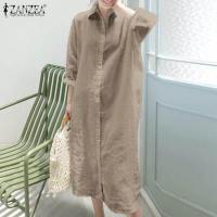 ราคา ZANZEA ชุดเดรสแขนยาวผู้หญิงสไตล์เกาหลี กระดุมลำลองผ้าฝ้ายแท้เสื้อ Midi แบบเรียบ (10017276727)