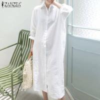 ราคา ZANZEA ชุดเดรสแขนยาวผู้หญิงสไตล์เกาหลี กระดุมลำลองผ้าฝ้ายแท้เสื้อ Midi แบบเรียบ (10017276735)