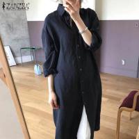 ราคา ZANZEA ชุดเดรสแขนยาวผู้หญิงสไตล์เกาหลี กระดุมลำลองผ้าฝ้ายแท้เสื้อ Midi แบบเรียบ (10017276719)