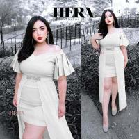 ราคา ชุดออกงานไซส์ใหญ่ HERA ชุดออกงาน แขนระบายผีเสื้อ สาวอวบ เดรสออกงาน (16442076332)