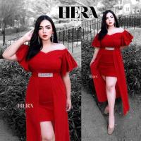 ราคา ชุดออกงานไซส์ใหญ่ HERA ชุดออกงาน แขนระบายผีเสื้อ สาวอวบ เดรสออกงาน (16442076334)