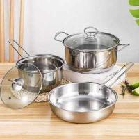 ราคา เครื่องครัวสแตนเลส5ชิ้นชุดกระทะและหม้อ1เซ็ท3ใบพร้อมฝาแก้ว สินค้าทำจากสแตนเลส ร้อนเร็ว สามารถใช้กับเตาแม่เหล็กไฟฟ้าได้ (8407918016)