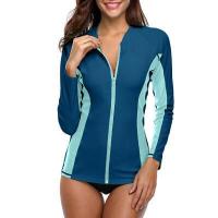 ราคา Charmo แฟชั่นสำหรับผู้หญิง Cozy ซิปเสื้อแขนยาวชุดว่ายน้ำ Rashguard เสื้อลายโต้คลื่น Rash Guard ซิป UPF50 เสื้อขี่จักรยานเสื้อชุดว่ายน้ำ (17837959146)