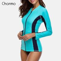 ราคา Charmo แฟชั่นสำหรับผู้หญิง Cozy ซิปเสื้อแขนยาวชุดว่ายน้ำ Rashguard เสื้อลายโต้คลื่น Rash Guard ซิป UPF50 เสื้อขี่จักรยานเสื้อชุดว่ายน้ำ (1392322476)