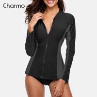 ราคา Charmo แฟชั่นสำหรับผู้หญิง Cozy ซิปเสื้อแขนยาวชุดว่ายน้ำ Rashguard เสื้อลายโต้คลื่น Rash Guard ซิป UPF50 เสื้อขี่จักรยานเสื้อชุดว่ายน้ำ (1392322464)