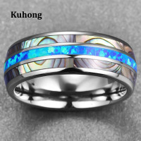 ราคา Kuhong ฝังเปลือกหอยโอปอลสีฟ้าทังสเตนเหล็กผู้ชายแหวนหมั้นแหวน (791254602)