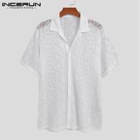 ราคา INCERUN เสื้อลูกไม้แขนสั้นบุรุษ เสื้อทรงหลวมติดกระดุมผ่าหน้าเสื้อยืดลำลอง 3 (14622710120)