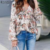 ราคา จัดส่งฟรี ZANZEA เสื้อสตรีลายดอกไม้เรโทรแขนยาวสำหรับสตรีหลวม V คอเสื้อ T เสื้อ (9583633021)