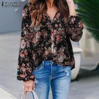 ราคา จัดส่งฟรี ZANZEA เสื้อสตรีลายดอกไม้เรโทรแขนยาวสำหรับสตรีหลวม V คอเสื้อ T เสื้อ (9583633008)