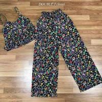 ราคา ชุดเซทลายดอกไม้ สายเดี่ยวปลายระบาย สายปรับได้ ขายาวมีซับใน (10937532278)