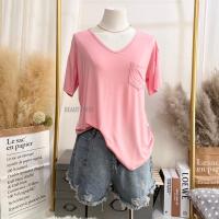 ราคา 081 เสื้อยืดเรย่อน คอวี อก 36 46 สีพื้น มีกระเป๋า สาวอวบใส่ได้ ผ้านุ่มใส่สบาย (18561590641)