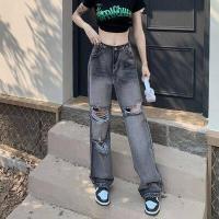 ราคา DUOHANZI กางเกงยีนส์แต่งลายขาดๆทรงเอวสูงแบบตรงฤดูร้อนแบบบางของผู้หญิงแถบสองข้างแบบขึ้นลงย้อนยุคหลวม Ins กางเกงขาม้า (17642159897)