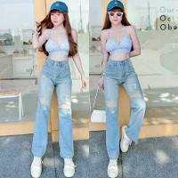 ราคา กางเกงยีนส์ผู้หญิง no 167 ทรงกระบอก เอวสูง แต่งขาด สีอ่อน (17117648414)