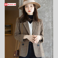 ราคา เสื้อสูทลายสก็อต เบลเซอร์ สูทผู้หญิง 4 กระดุม สีครีมน้ำตาล สีเทาดำ (17595140951)