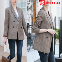 ราคา เสื้อสูทลายสก็อต เบลเซอร์ สูทผู้หญิง 4 กระดุม สีครีมน้ำตาล สีเทาดำ (7139708581)