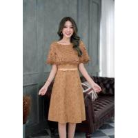 ราคา 5 สี เดรสออกงาน เดรสทำงาน เดรสลูกไม้คลุมไหล่แต่งเข็มขัดผ้า ทรงเอ สีน้ำตาล สีโอรส สีเทา สวยมากค่ะ M 3XL เดรสไปงาน งานบุญงานแต่ง (17445562077)