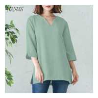 ราคา Esolo ZANZEA Muslimah ผู้หญิงมุสลิมฤดูร้อน3 4แขนเสื้อ V คอ T เสื้อสำนักงานแยกด้านข้างธรรมดาเสื้อ KRS (14622692439)