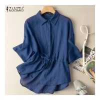 ราคา จัดส่งฟรี Esolo ZANZEA Muslimah ผู้หญิงมุสลิมปุ่มขึ้นเสื้อแขนสั้นเสื้อ Drawstring เอวสูงต่ำสำนักงานท็อปส์ 2 (14897872024)