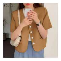 ราคา จัดส่งฟรี Esolo ZANZEA Muslimah ผู้หญิงมุสลิมแขนสั้นปุ่มขึ้นเสื้อเสื้อธรรมดาสำนักงานพืชแจ็คเก็ต KRS 10 (15560973568)