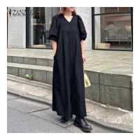 ราคา ลดราคาเคลียร์สต๊อก MOMONACO ZANZEA Muslimah Womens Muslim Puff Short Sleeve V Neck Plain Vacation Baggy Oversized Maxi Dress (15603763404)