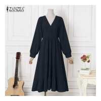 ราคา MOMONACO ZANZEA Muslimah Womens Muslim Vintage Puff Sleeve V Neck Solid Dress Tunic Plain Elastic Waist Dress 4 (15603809069)