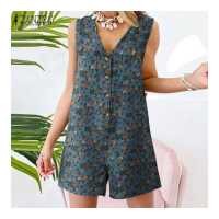 ราคา ZANZEA จั๊มสูทแขนกุดลายดอกไม้แนวเรโทรของผู้หญิง เพลย์สูทขาสั้นทรงหลวมแนวชายหาดสำหรับฤดูร้อน (14744701625)