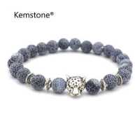 ราคา Kemstone Individuality 8MM Black Weathered Agate Alloy Leopard Beaded Bracelet for Men (325407717)
