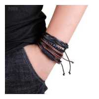 ราคา PDBH Fashion Store สายรัดข้อมือหนังถักทำมือสำหรับผู้ชาย กำไลข้อมือร้อยเชือกถัก4ชิ้น (12894186365)