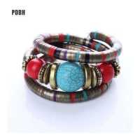 ราคา PDBH Fashion Store ผู้หญิงสีเงิน Faux Turquoise Boho ปรับกำไล Charm Chic ลูกปัดสร้อยข้อมือ (16003576085)