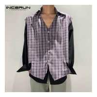 ราคา อย่างสมบูรณ์แบบ INCERUN บุรุษลายสก๊อตคอ V ปุ่มขึ้นเสื้อเสื้อสไตล์เกาหลีวินเทจ Streetwear เสื้อกั๊ก (16859123778)