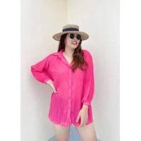 ราคา ส่งไว New เสื้อเชิ้ตสาวอวบ เสื้ออัดพลีท ผ้าชีฟอง คอปก กระดุมหน้า แขนยาว ใส่เป็นมินิเดรสได้ (14940957957)