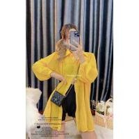 ราคา ส่งไว New เสื้อเชิ้ตสาวอวบ เสื้ออัดพลีท ผ้าชีฟอง คอปก กระดุมหน้า แขนยาว ใส่เป็นมินิเดรสได้ (15644909650)