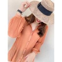 ราคา ส่งไว New เสื้อเชิ้ตสาวอวบ เสื้ออัดพลีท ผ้าชีฟอง คอปก กระดุมหน้า แขนยาว ใส่เป็นมินิเดรสได้ (14244164284)