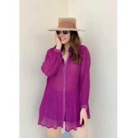 ราคา ส่งไว New เสื้อเชิ้ตสาวอวบ เสื้ออัดพลีท ผ้าชีฟอง คอปก กระดุมหน้า แขนยาว ใส่เป็นมินิเดรสได้ (14244164283)