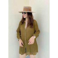 ราคา ส่งไว New เสื้อเชิ้ตสาวอวบ เสื้ออัดพลีท ผ้าชีฟอง คอปก กระดุมหน้า แขนยาว ใส่เป็นมินิเดรสได้ (14244164281)
