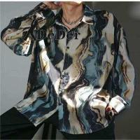 ราคา DeDer เสื้อเชิ้ตพิมพ์ลายดอกไม้ผ้าไหมซาตินของผู้ชาย เสื้อเชิ้ตแขนยาวทรงหลวมแนวตั้ง (10549985884)
