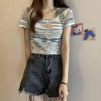 ราคา ส่งเร็วพิเศษ Hello Yim เสื้อครอปไหมพรมแขนสั้น แต่งกระดุมหน้า ลายพาสเทลสุด Cute NO 9323 2 (19156342209)