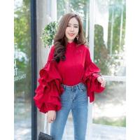 ราคา ส่งเร็ว 44S เสื้อเชิ้ตคอจีน เนื้อดี กระดุมหน้า แขนแต่งระบาย 4 ชั้น (13556131302)